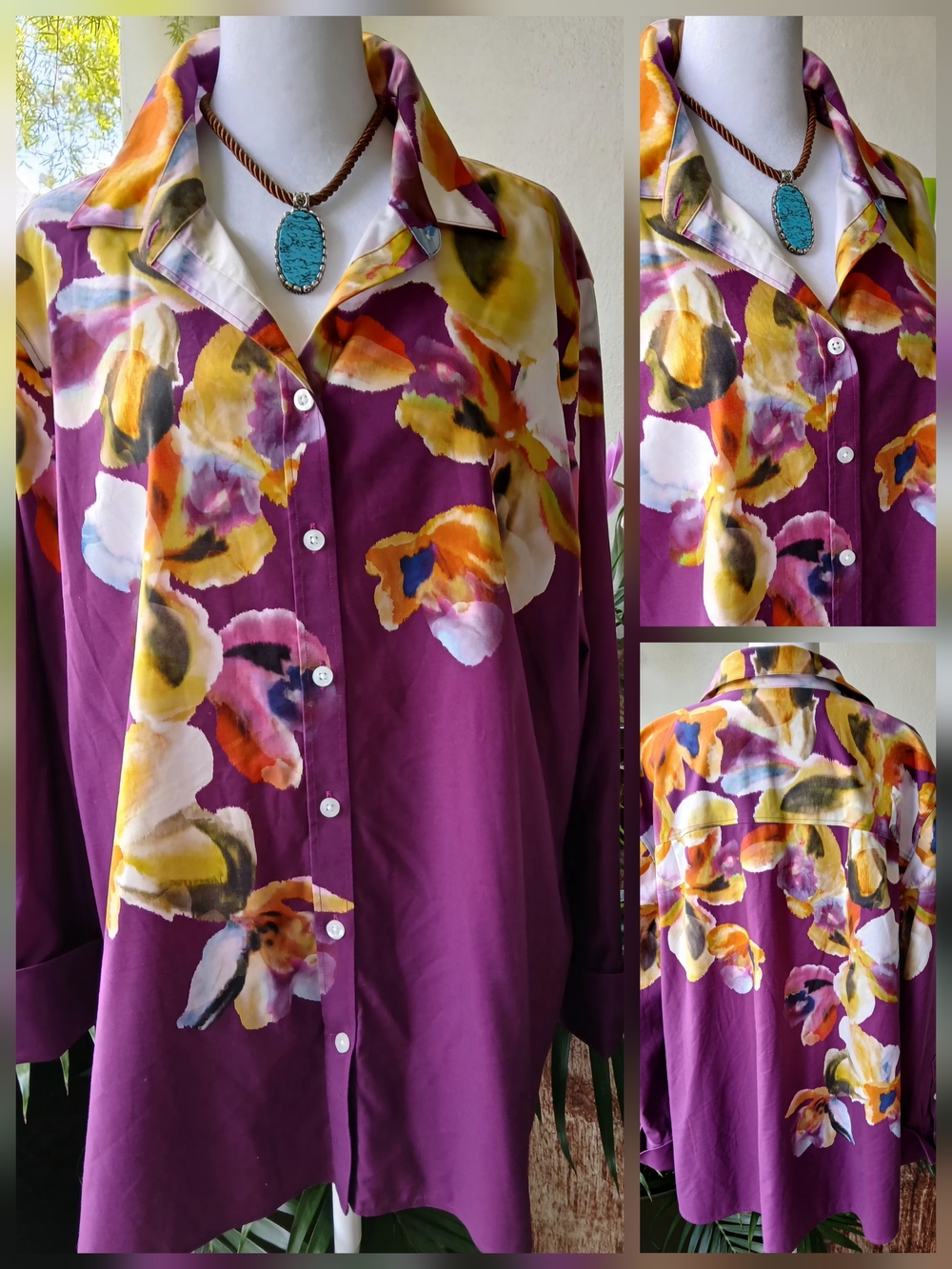 🔥Chico's Purple COTTON Floral Watercolor Button-Down Shirt Size 18 & FREE GIFT